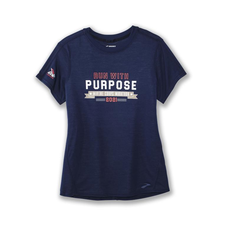 Brooks Distance Graphic tee Women's Short Sleeve Running Shirt - Navy/Purpose (24381-KCBU)